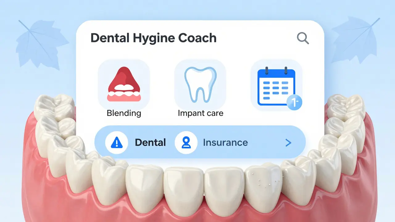 Interaktivní rozhraní aplikace Dental Hygiene Coach ukazuje výukové moduly o péči o zuby a zubní náhrady s českými symboly.