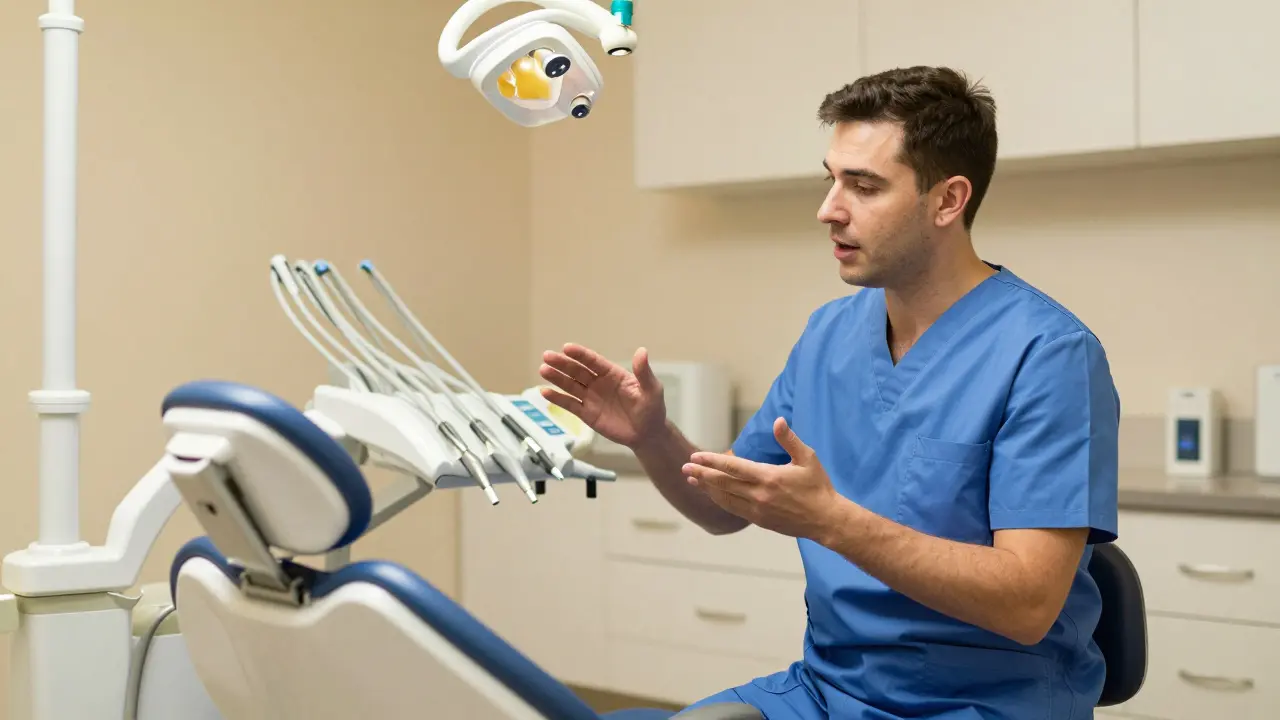 Ortodontista vysvětluje řešení pacientovi v ordinaci