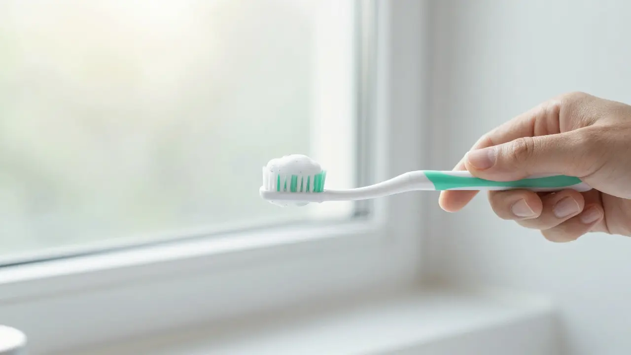 Osoba jemně čistí zuby měkkým kartáčkem při ranní hygieně v koupelně.