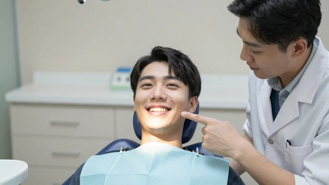 Pacient ukazuje na zuby a lékař potvrzuje pochopení, s číselným označením FDI systému.