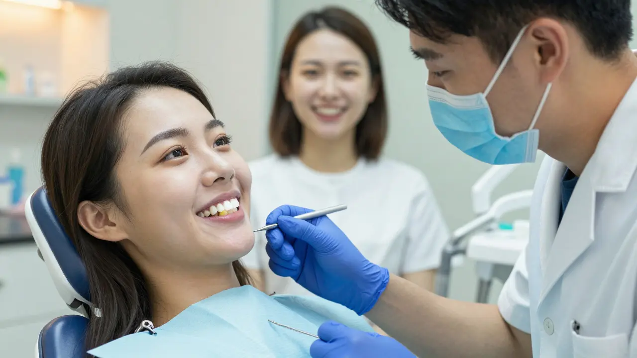 Pacient v zubní klinice má jednu bílou a tři různě zbarvené zuby, zubní lékař pozoruje jeho úsměv s očekáváním.