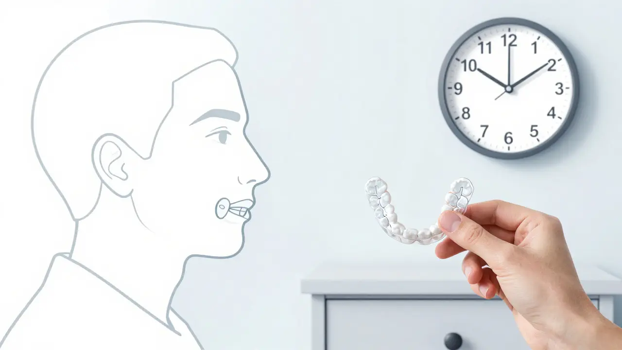 Porovnání fixního a vyjímatelného retaineru: jeden trvale na zubech, druhý na nočním stole.