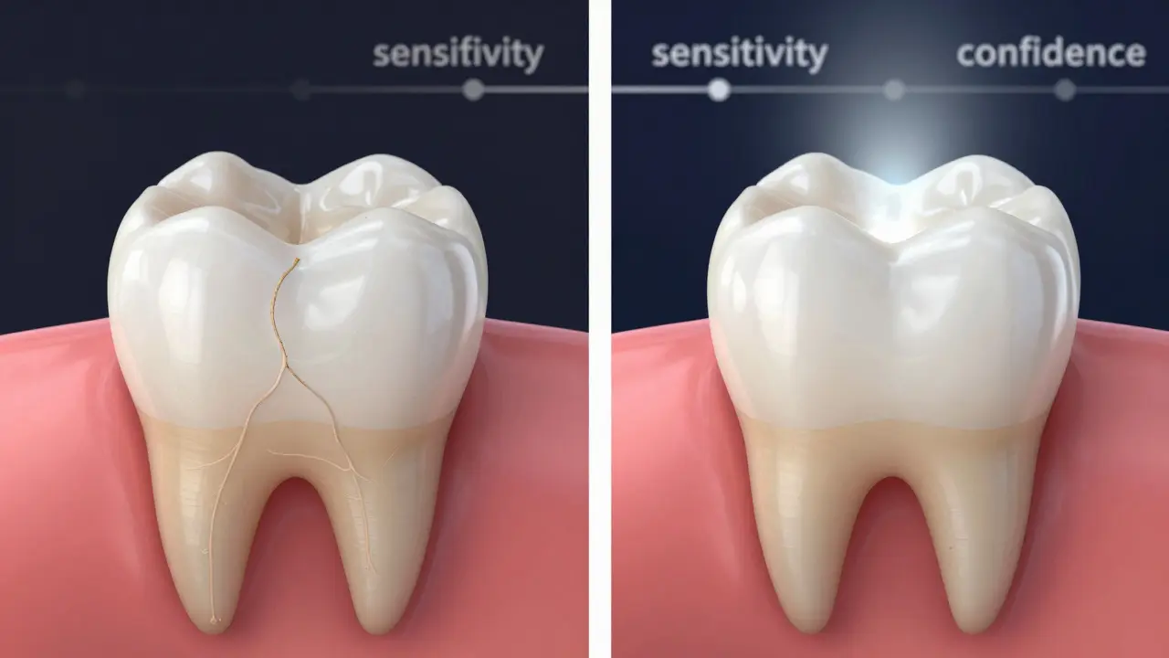 Porovnání zubu s citlivostí a jeho obnovou kompozitním plněním.