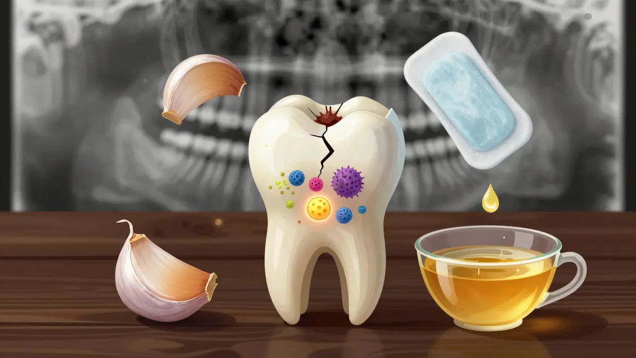 Poškozený zub s bakteriemi a přírodními léky jako česnek, myrrha a propolis v abstraktním prostředí.