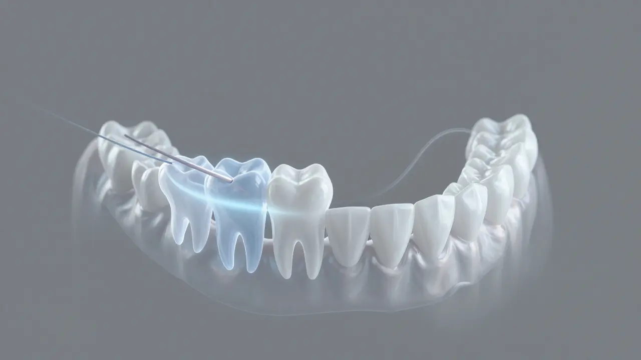 Průřez čelistí s příčinami mezery mezi zuby: retinula, ztráta zubu a nesrovnalost.