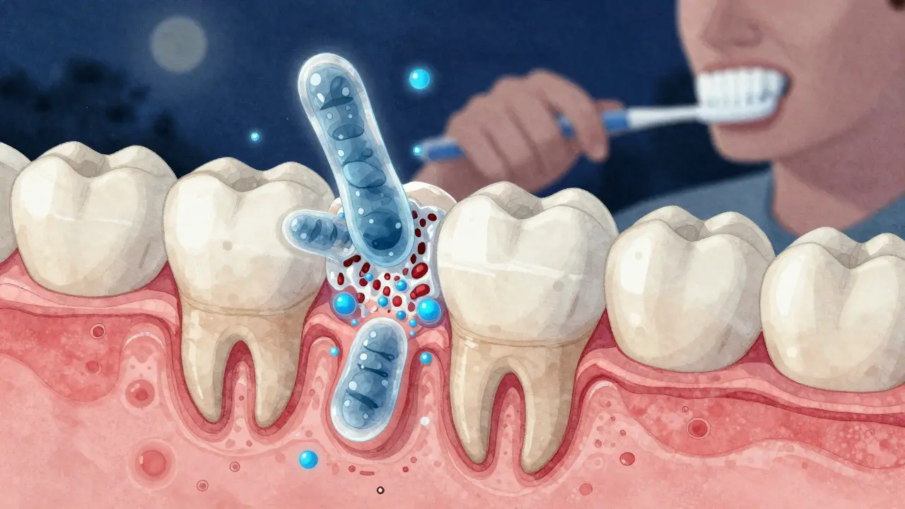 Průřez zubu ukazující ničení minerálů bakteriemi a obnovu fluoridem.