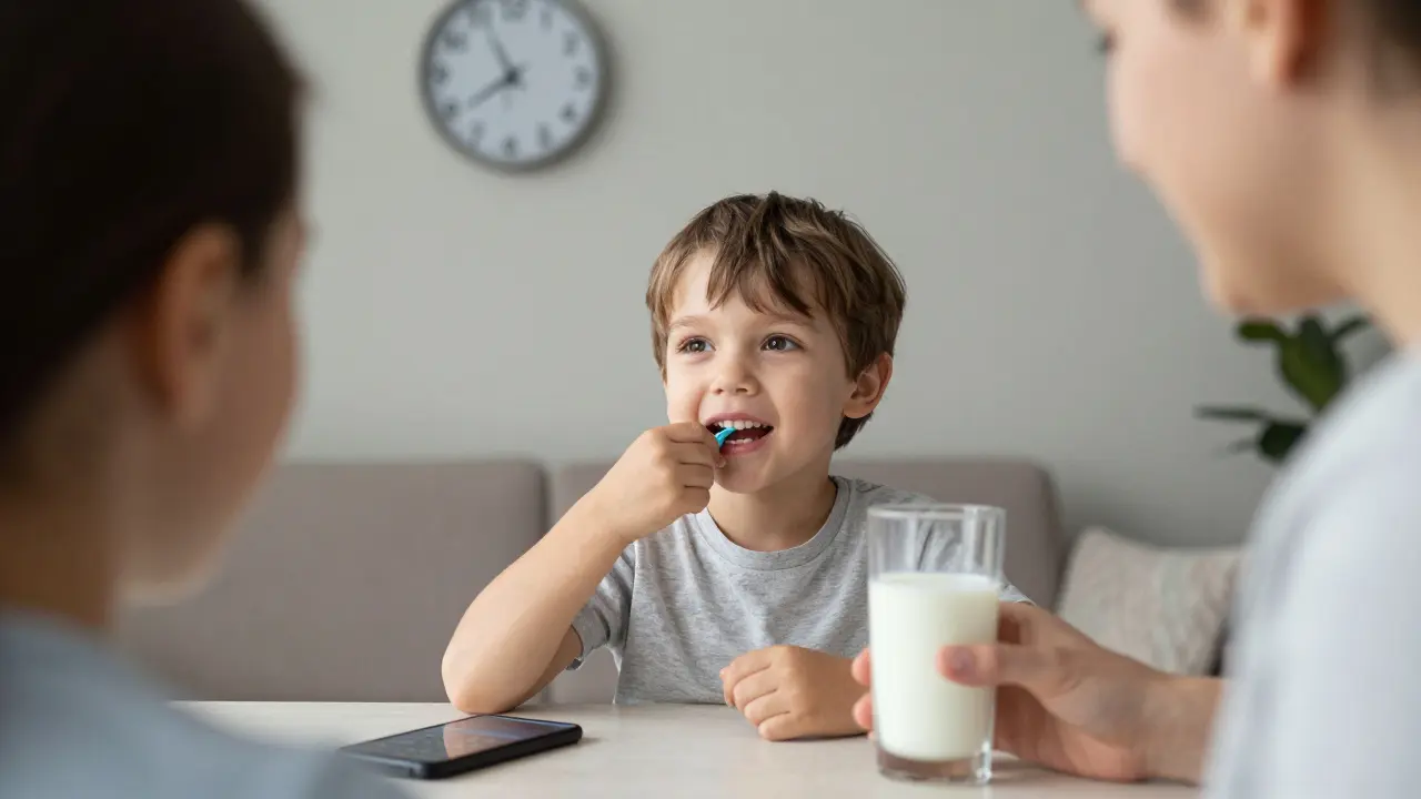 Rodič pomáhá dítěti udržet zub v ústech, zatímco vedle je sklenice mléka.
