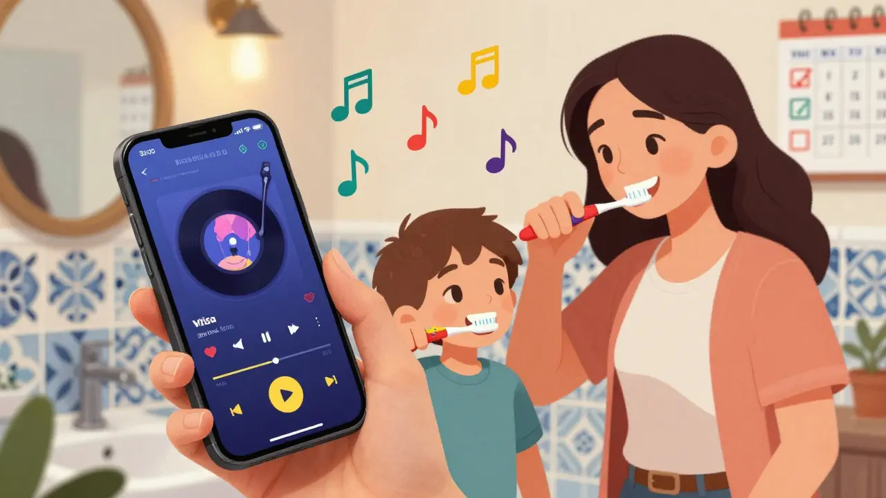 Rodina v České republice se společně čistí zuby s aplikací Brush DJ, která přehrává písničku a zobrazuje barevné noty.