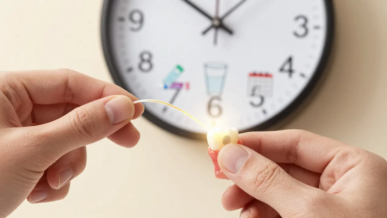 Ruce s nití mezi zuby, kde se počínající kaz postupně zahají.