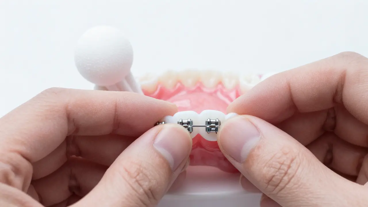 Ruka nanáší ochranný vosk na odlepené rovnátko