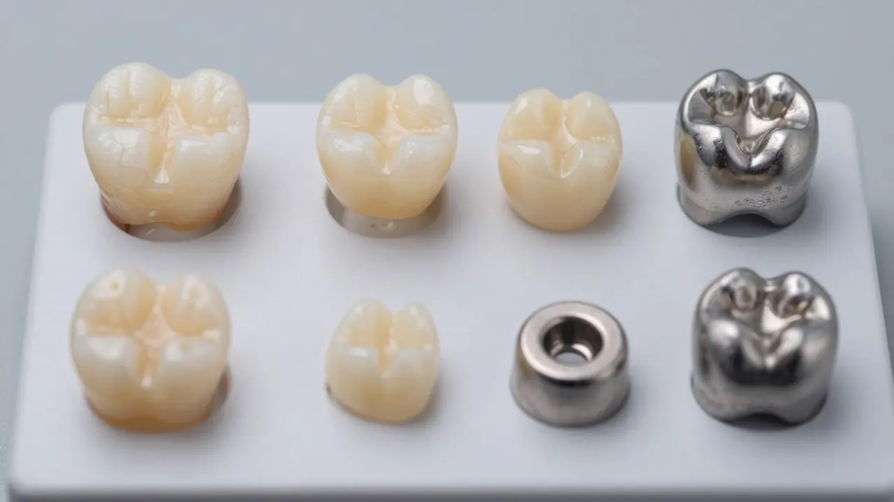 Různé materiály pro zubní korunky na sterilním podnosu