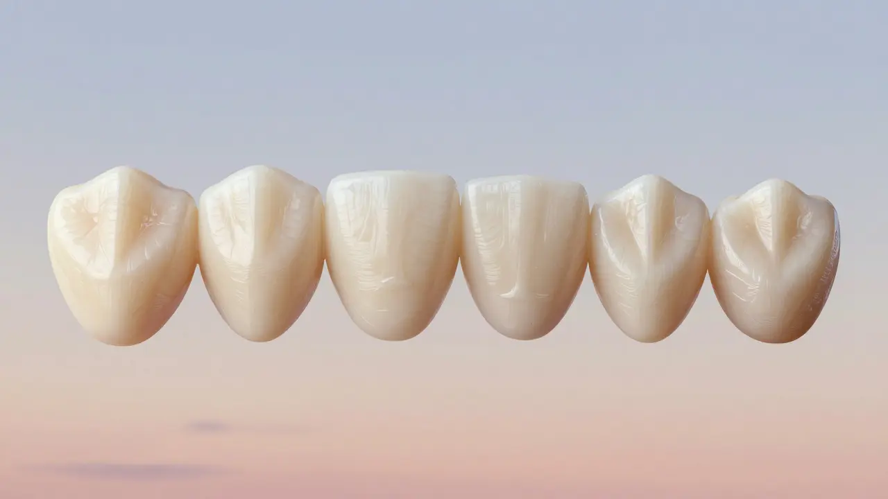 Šest předních zubů s přirozenými odstíny a texturami, bez dokonalé symetrie