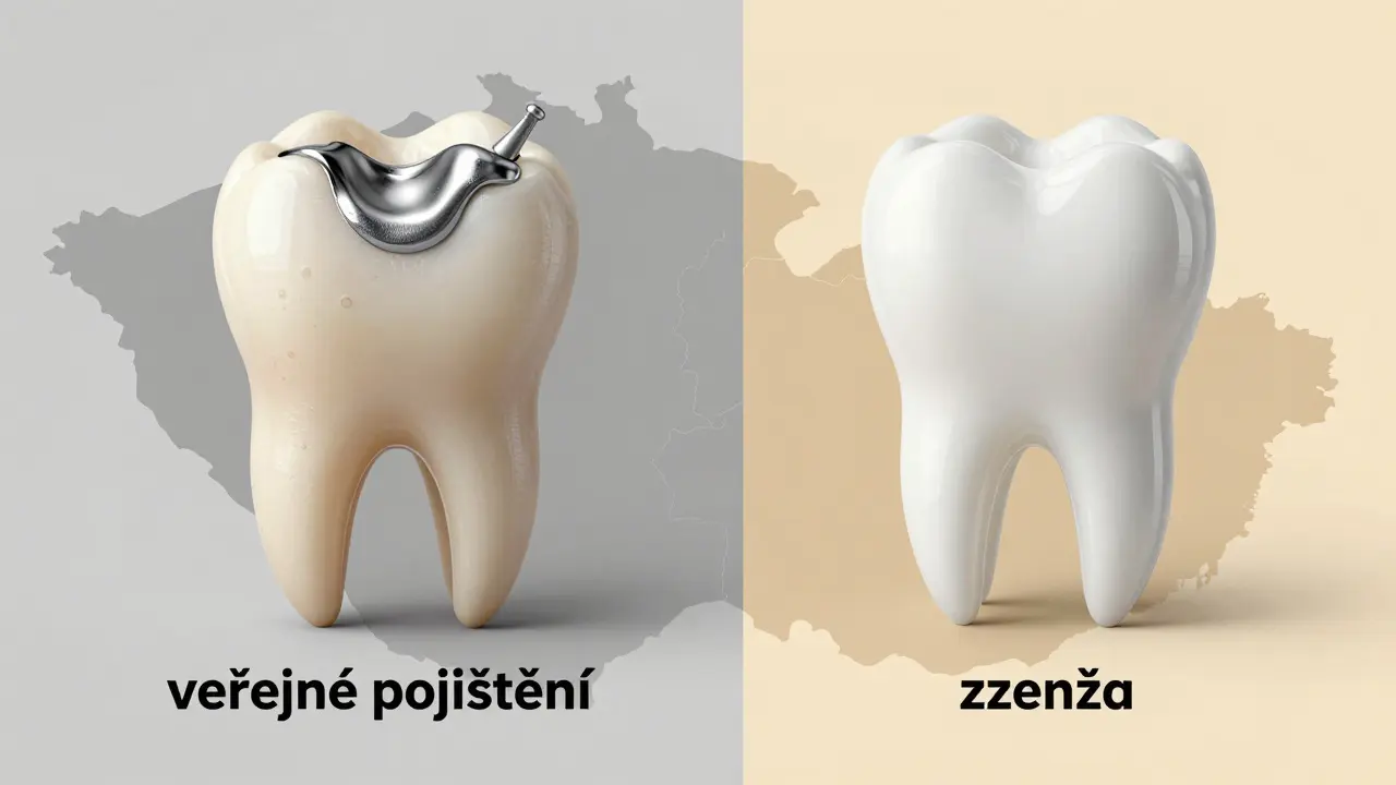 Side-by-side comparison of silver amalgam and white composite fillings with Czech healthcare symbols.