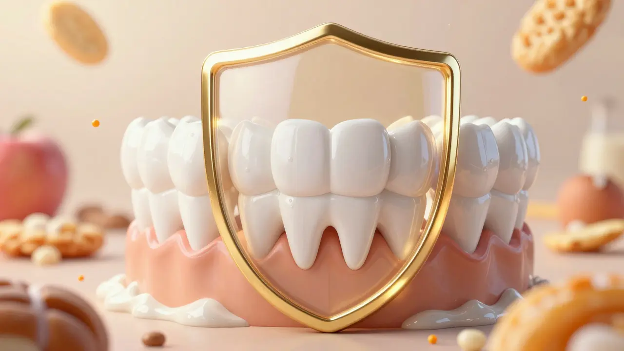 Symbolická ilustrace chráněných zubů před kyselostmi z potravy ráno.
