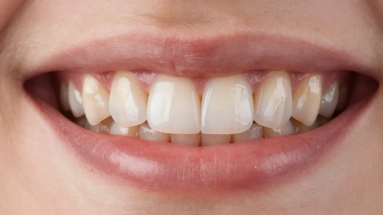 Three adjacent teeth showing differences between single-layer filling and multi-layer composite veneer.