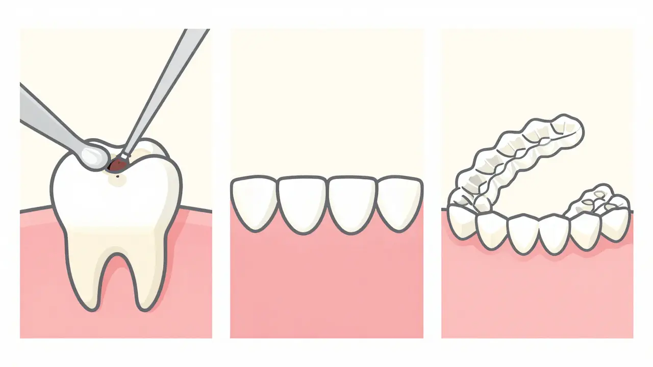 Tři způsoby léčby mezery mezi zuby: výplň, fazety a ortodoncie.