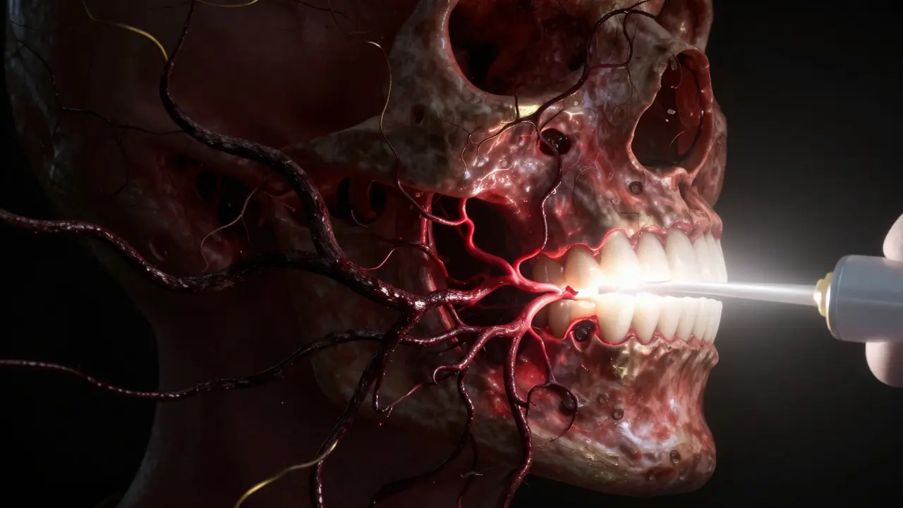 Umělecké znázornění šíření zubní infekce jako černého křečovitého hnisu, který je zastaven zářivým dentálním světlem.