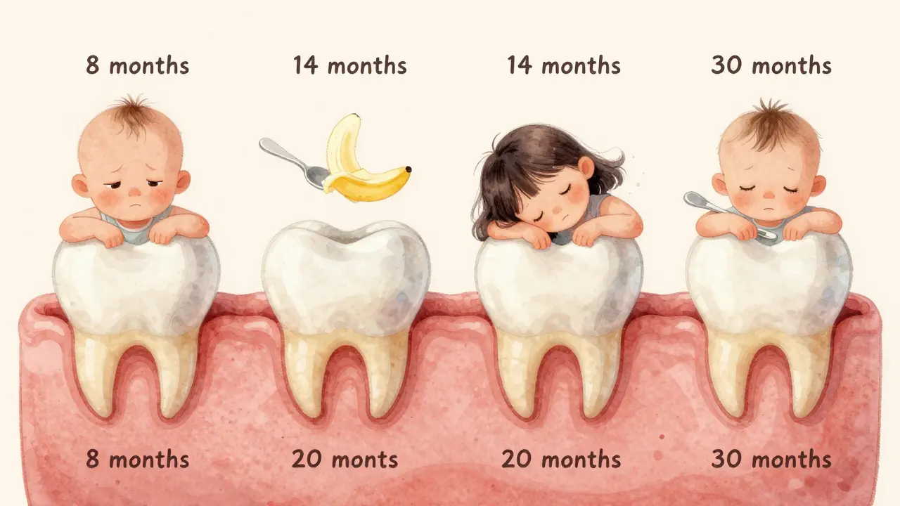Vizuální časová osa růstu mléčných zubů u miminka, znázorněná postupným vyrůstáním řezáků, kání a molárů.