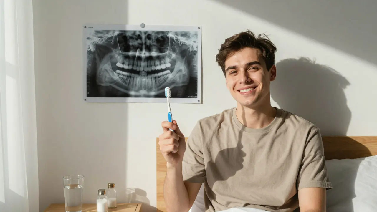 Young adult smíře s čistou čelistí po vytržení osmiček, drží kartáček vedle rentgenového snímku.