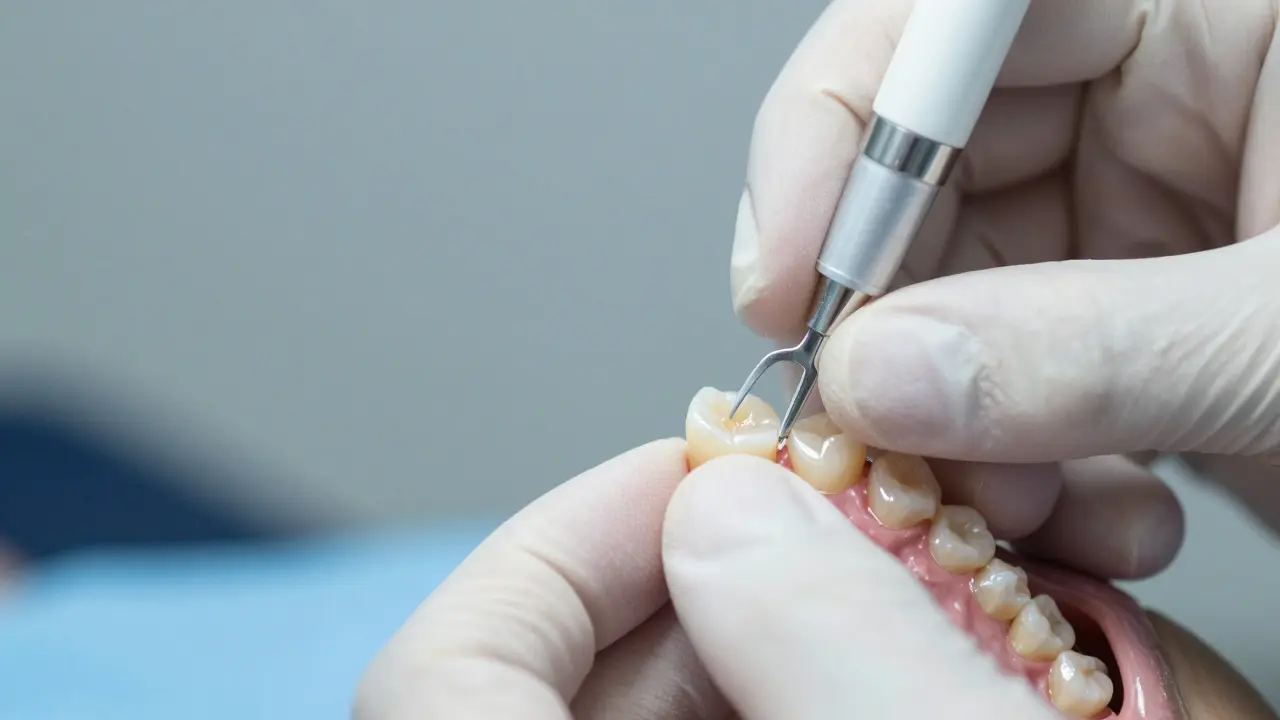 Zubní lékař přilepuje tenkou keramickou fazetu na zub bez odstranění emalového povrchu.