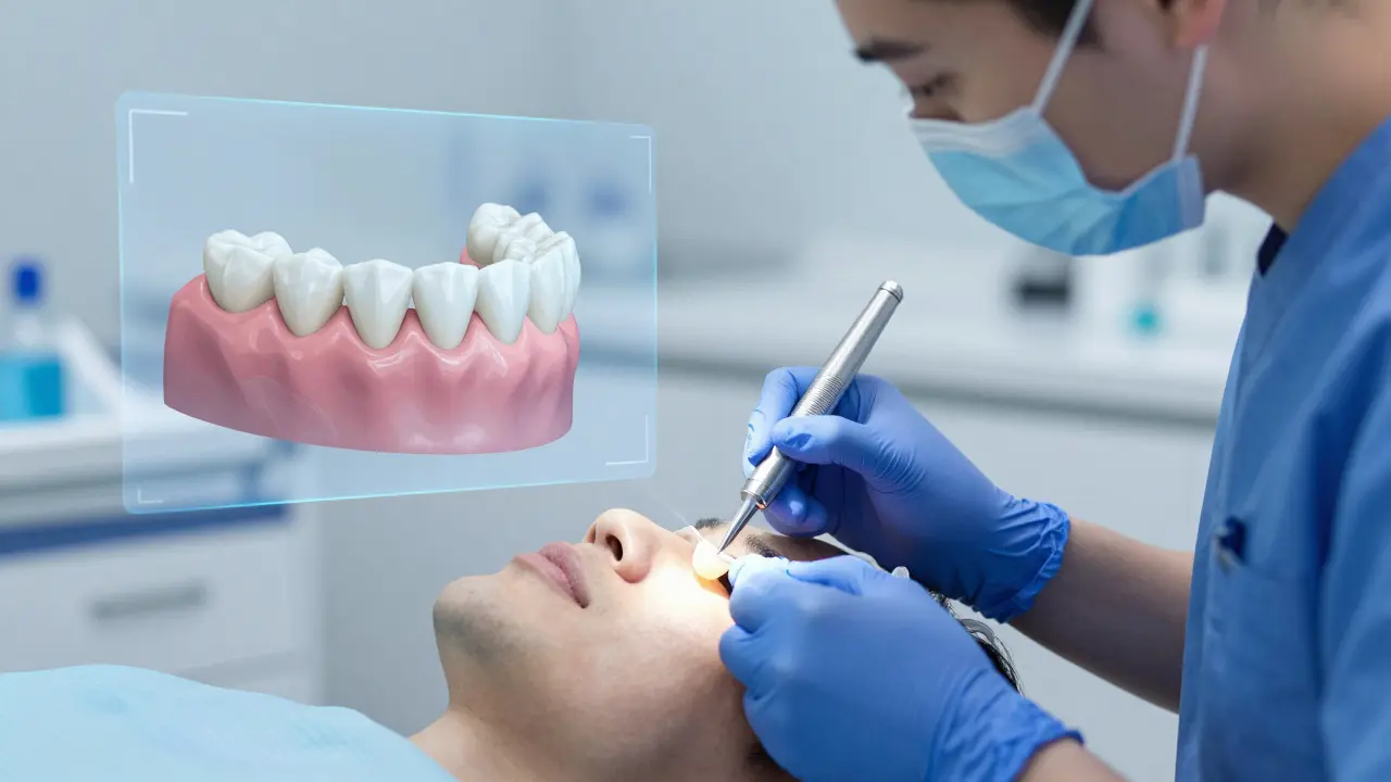 Zubní lékař připevňuje fazetu na zub s digitální simulací v pozadí