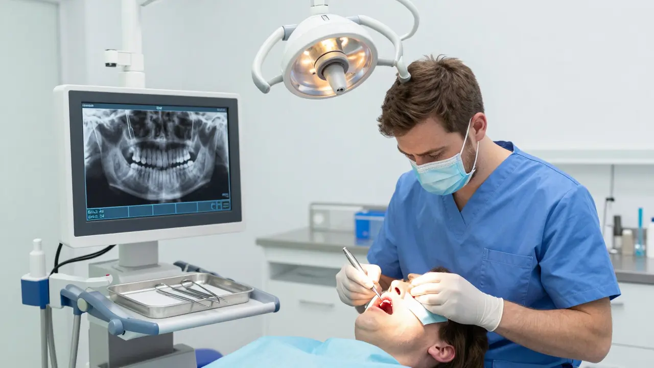 Zubní lékař v Praze odstraňuje hnis z abscesu pod rentgenovým monitorom v nemocniční pohotovosti.