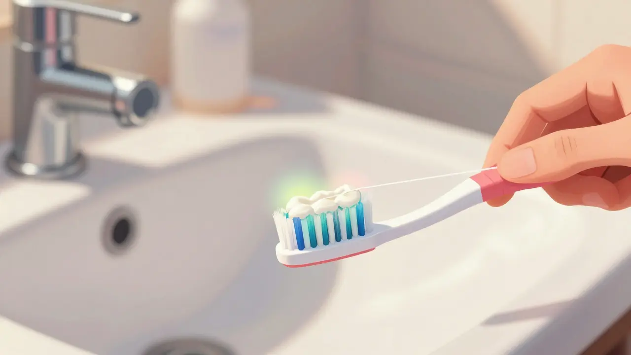 Zubní štětec a zubní nit odstraňují plak během denní hygieny.