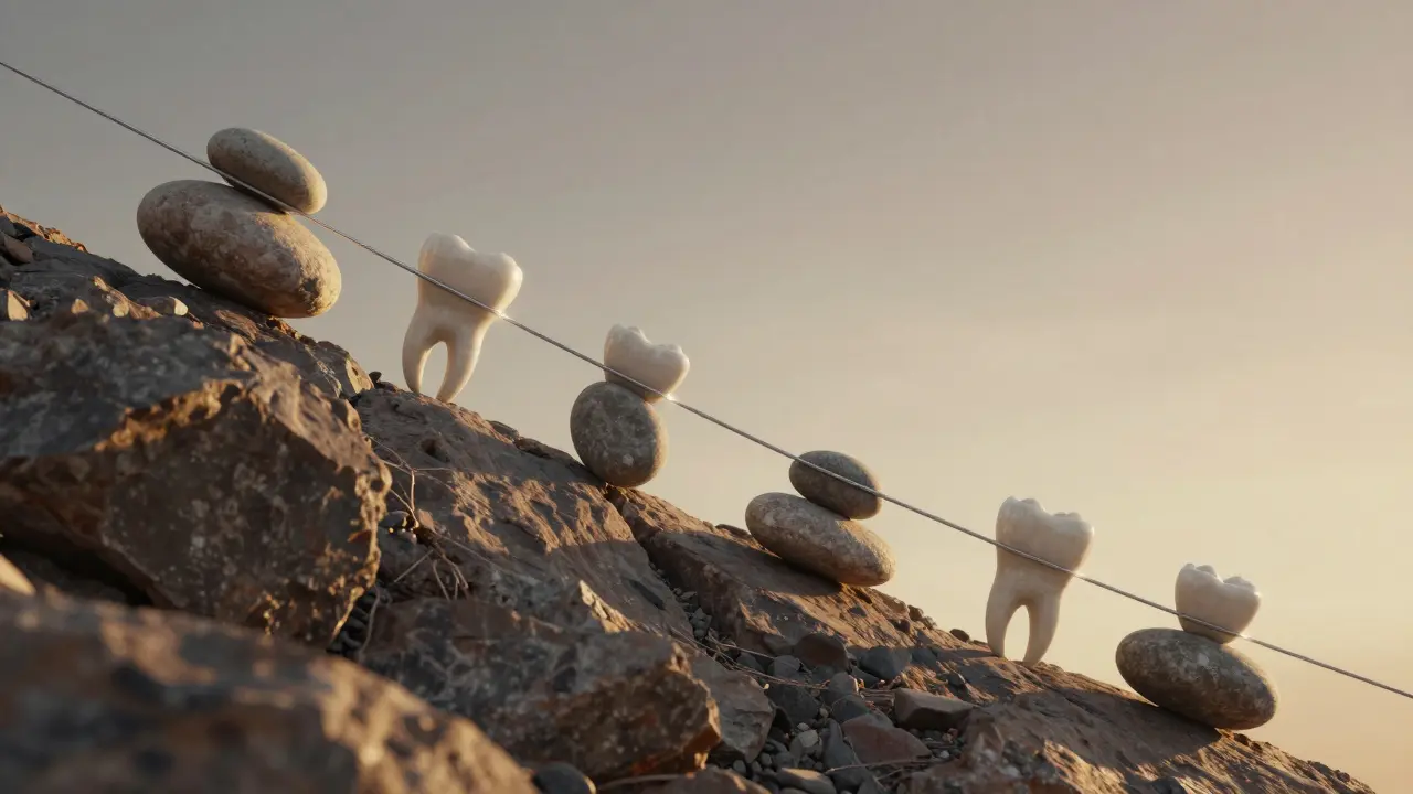 Zuby jako kameny na svahu, udržované zlatým drátem, aby se nevrátily do původní pozice.