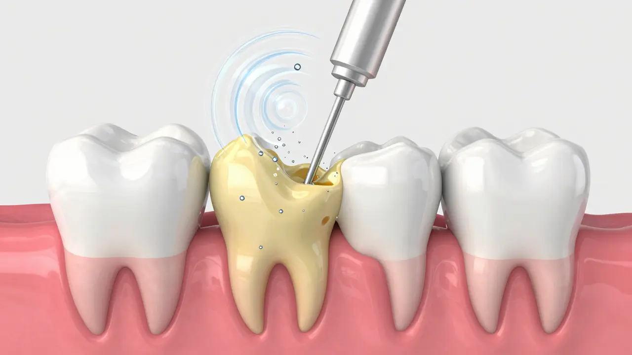 3D ilustrace procesu odstraňování zubního kamene pomocí ultrazvuku.