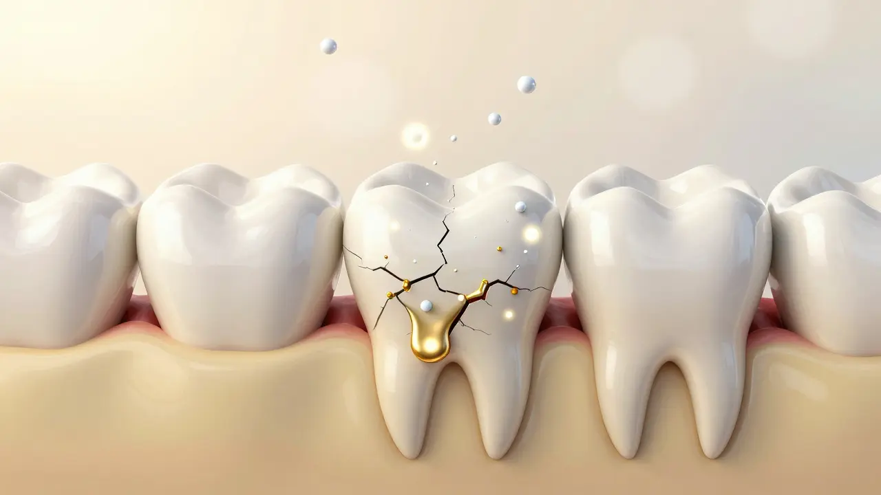 3D ilustrace procesu remineralizace, kde minerály vyplňují trhlinky v zubní sklovine.