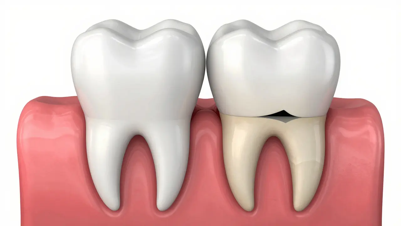 3D ilustrace ukazující rozdíl mezi zdravým dásníkem a ústupem kosti.