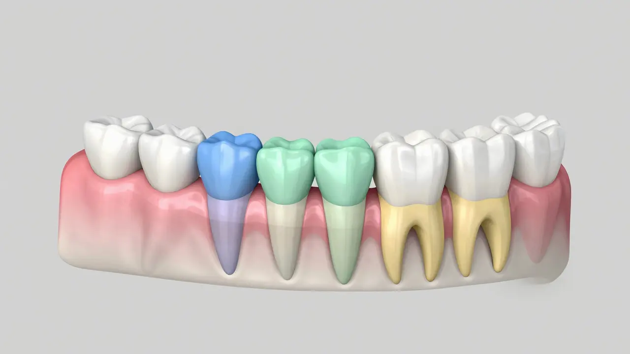 Anatomická 3D ilustrace různých typů zubů a jejich kořenů v čelisti.