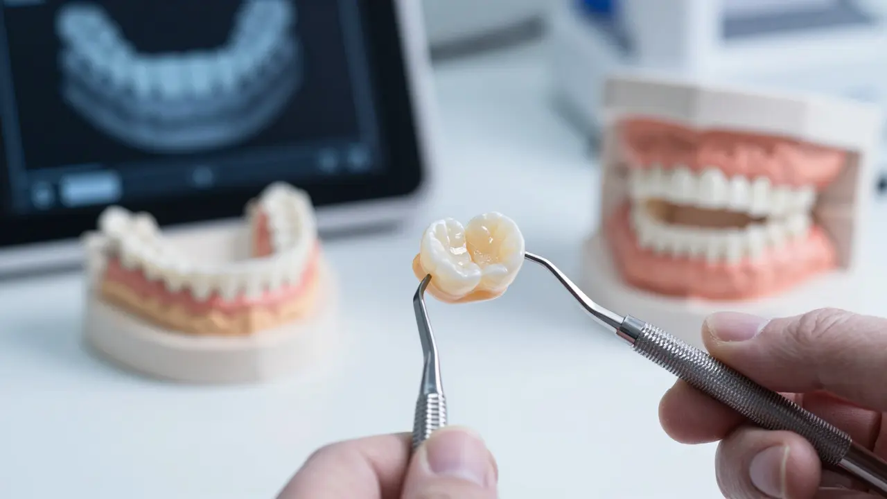 Detail porcelánové fazety v dentální laboratoři vedle 3D modelu čelistí.