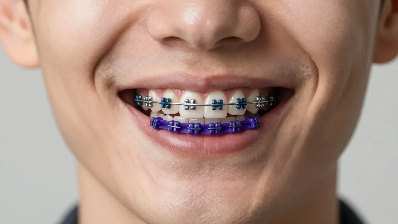 Detail úsměvu s rovnátky a tmavě modrými a fialovými gumičkami.