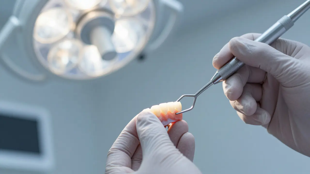 Detailní pohled na profesionální leštění a kontrolu estetických faset u zubaře.