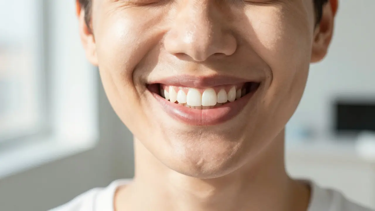 Detailní úsměv spokojeného člověka s přirozenými bílými zuby.