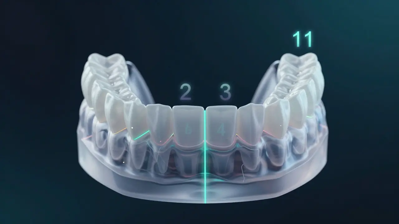 Holografické znázornění FDI systému pro číslování zubů v čelistech.