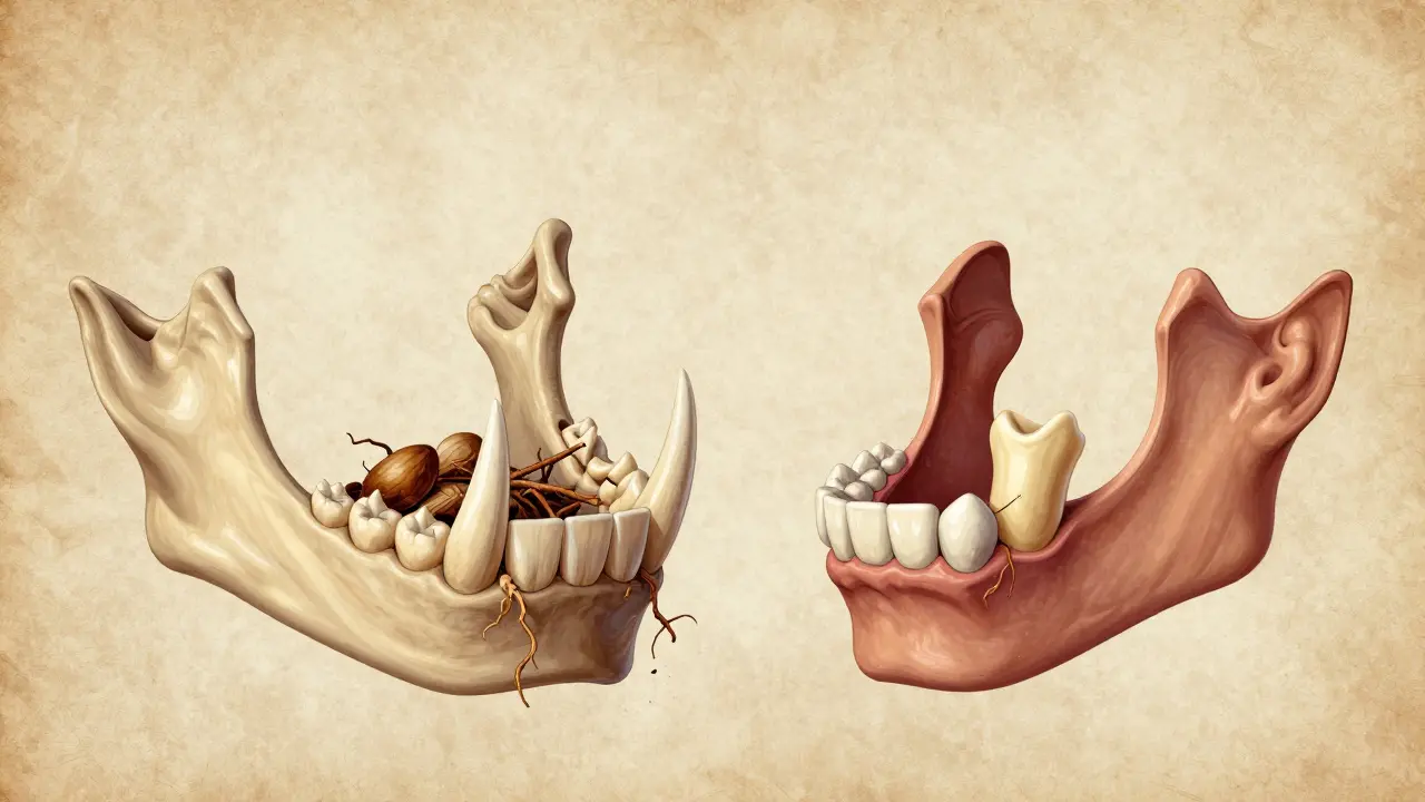 Ilustrace evoluce lidských zubů od pravěkla po současnost.