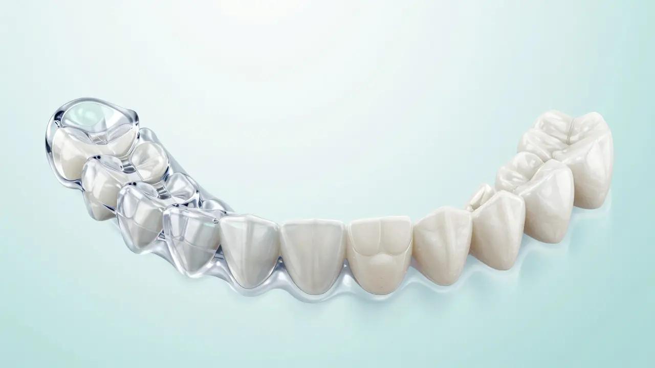 Ilustrace průhledných alignerů a kompozitního bondingu na zubech.