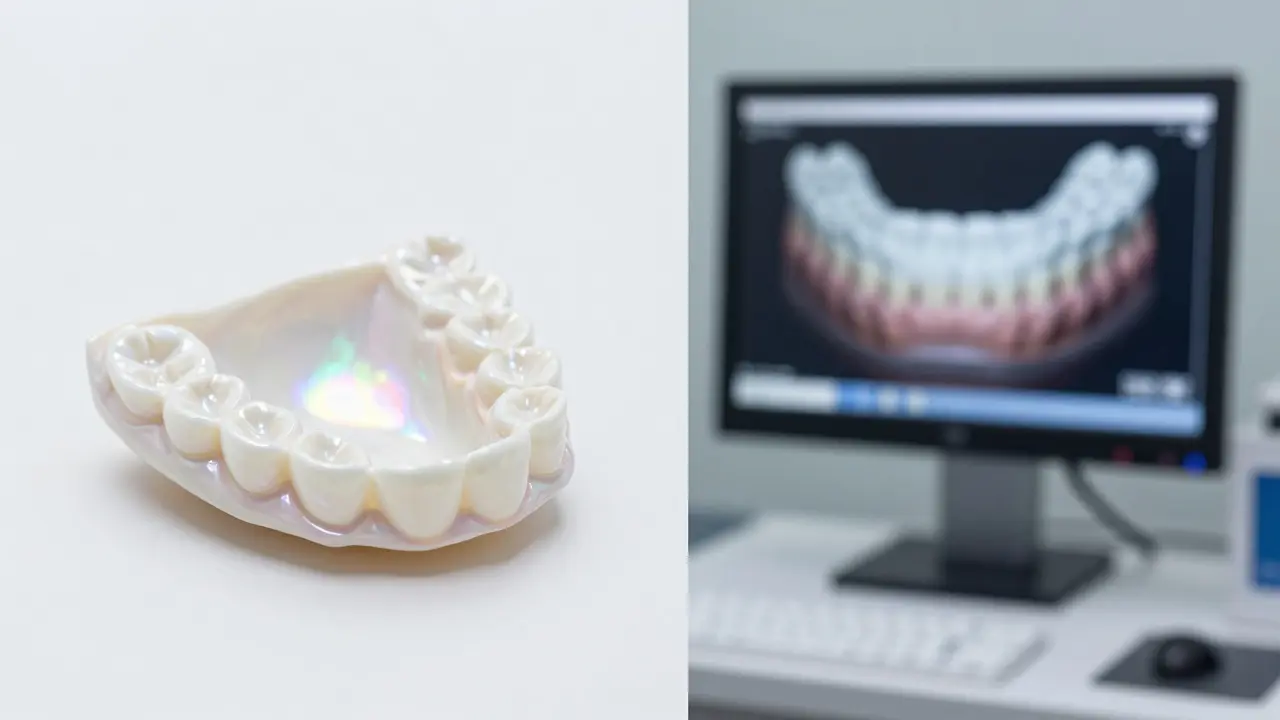 Keramická fazeta vedle digitálního modelu čelistí v moderní zubní laboratoři.