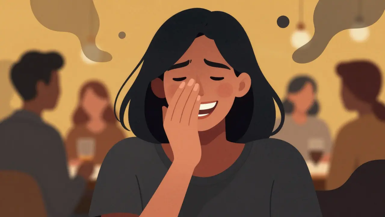 Konceptuální obraz znázornující sociální úzkost z powodu zbarvených zubů.