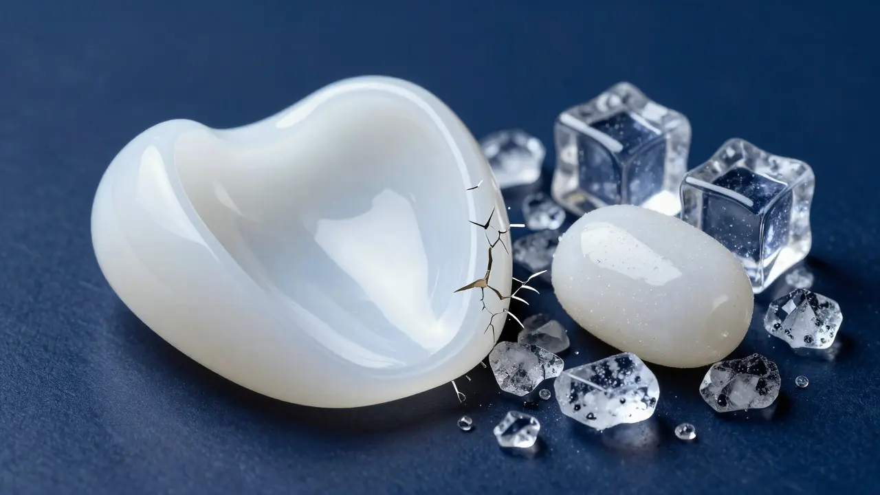 Konceptuální snímek keramické fasety vedle kostek ledu a tvrdých bonbonů.