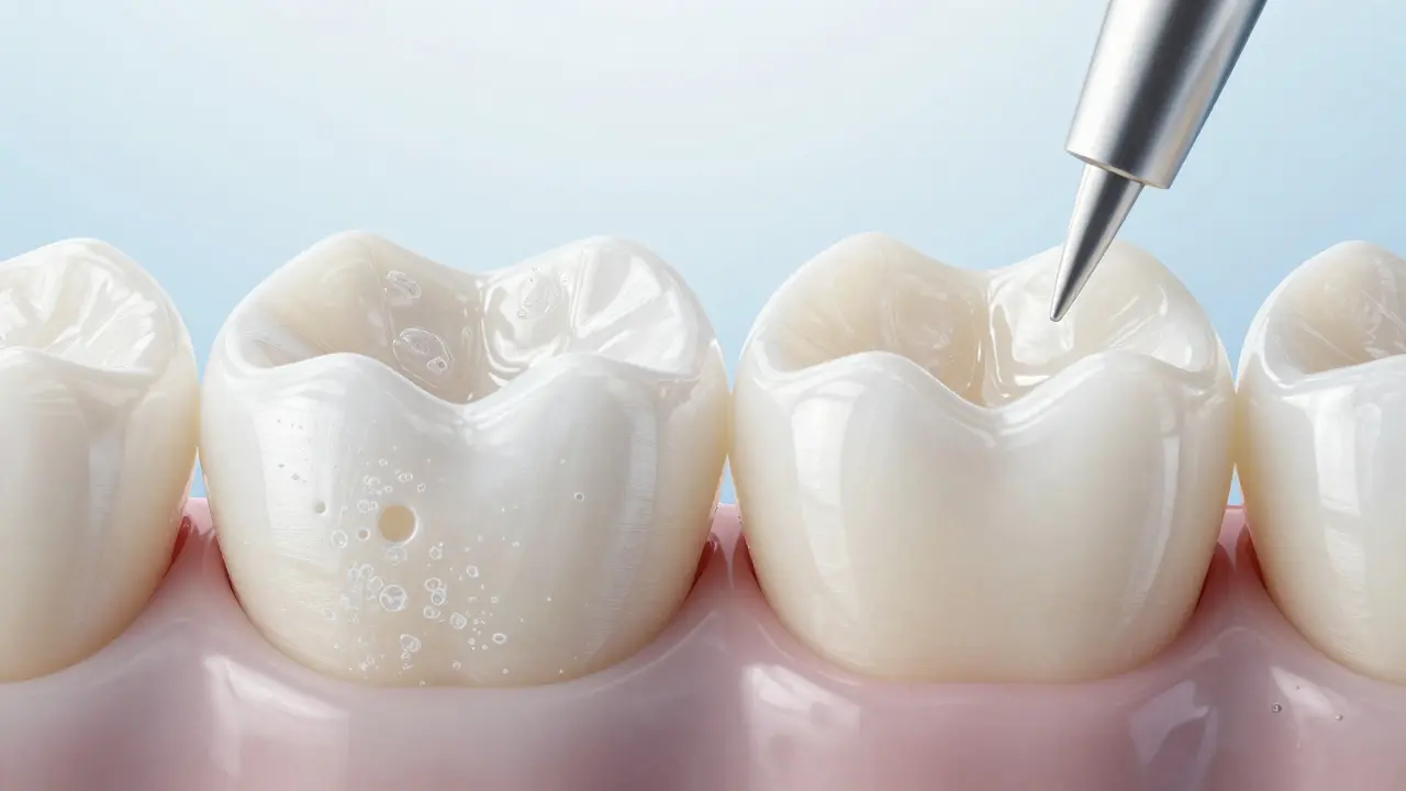 Konceptuální srovnání porézní skloviny zubu před a po aplikaci metodou ICON.