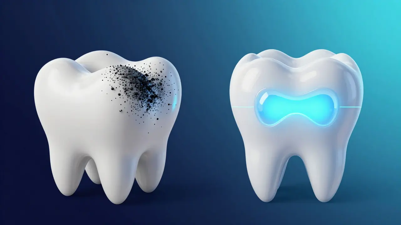 Konceptuální srovnání povrchového čištění uhlím a hloubkového LED bělení.