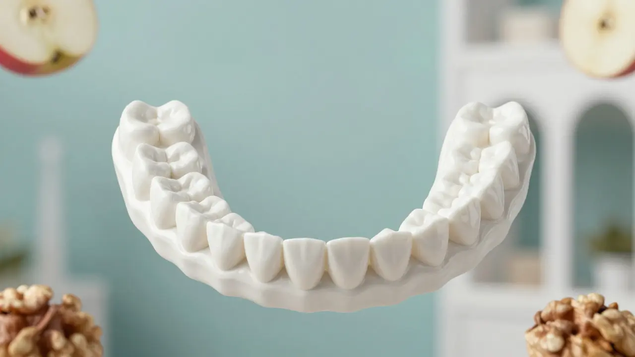 Konceptuální znázornení správného skusu a funkcí zubů při žvýkání.