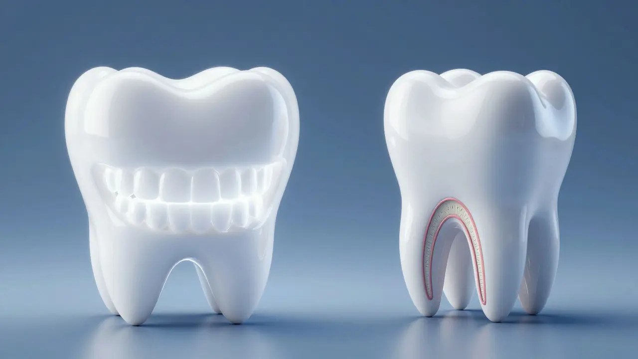 Konceptuální znázornění zubní skloviny a citlivého dentinu.