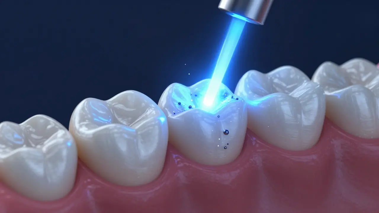 Konceptuální zobrazení fixace korunky pomocí modrého UV světla.