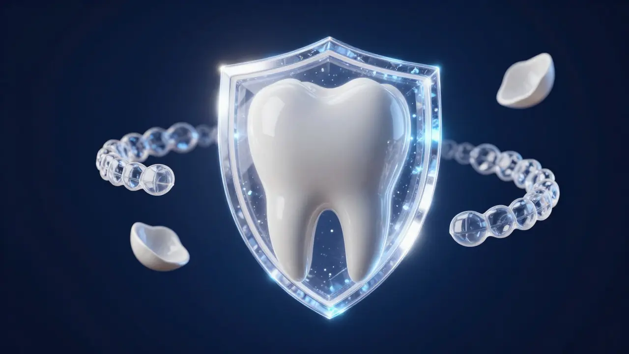 Konceptuální zobrazení ochrany zubní skloviny a estetických alternativ.
