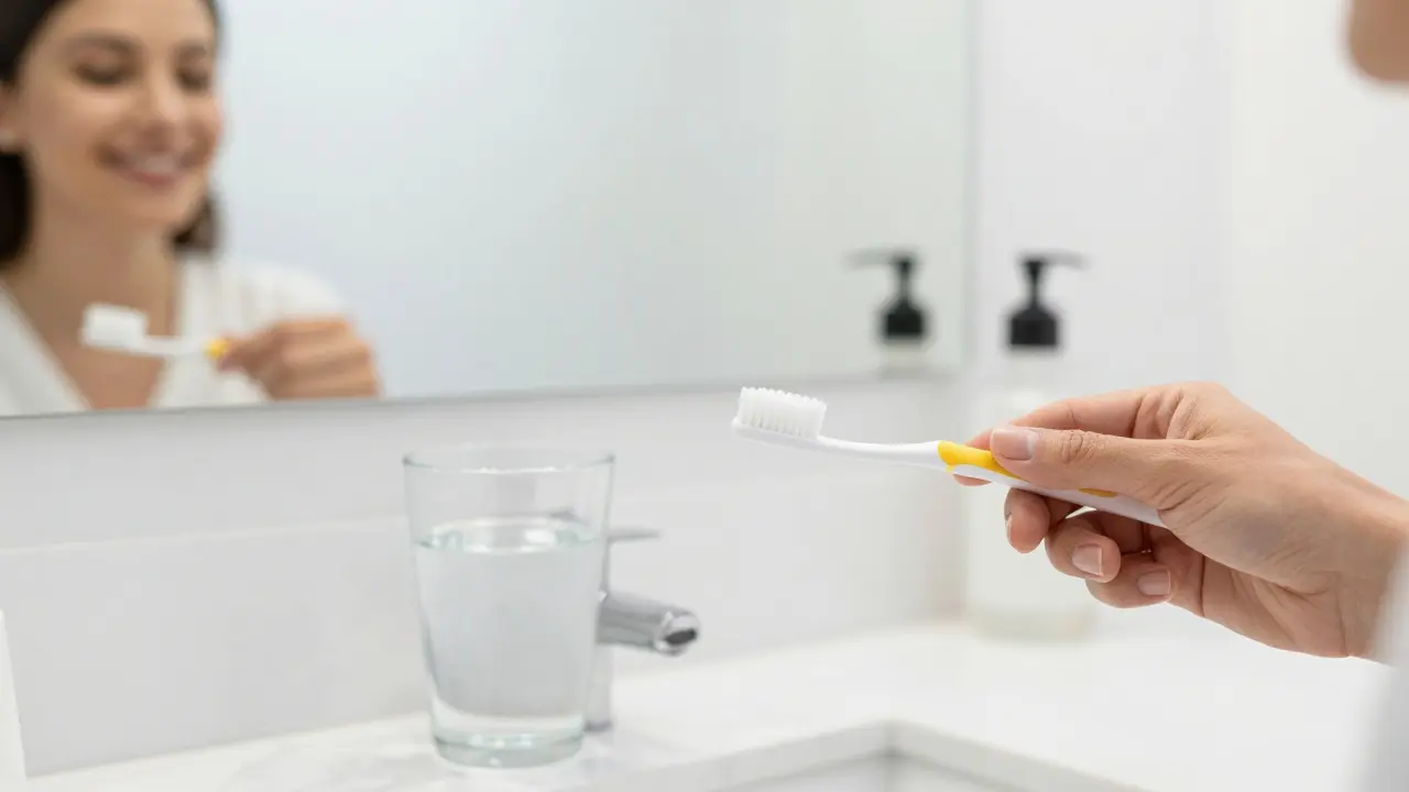 Koupačka s jemným zubním kartáčkem a mezizubním kartáčkem pro péči o fazety.