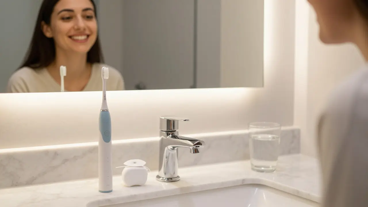 Koupelnové potřeby pro běžnou hygienu a člověk se šťastným úsměvem v zrcadle.